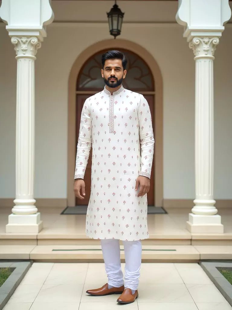 Image of Cream Floral Elegant Embroidery Work Raw Silk Kurta Pyjama Set - South India Shopping Mall