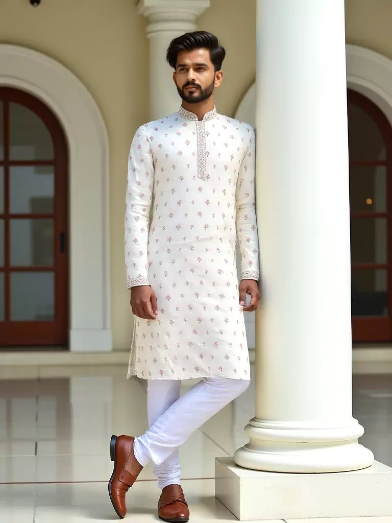 Image of Cream Floral Elegant Embroidery Work Raw Silk Kurta Pyjama Set - South India Shopping Mall