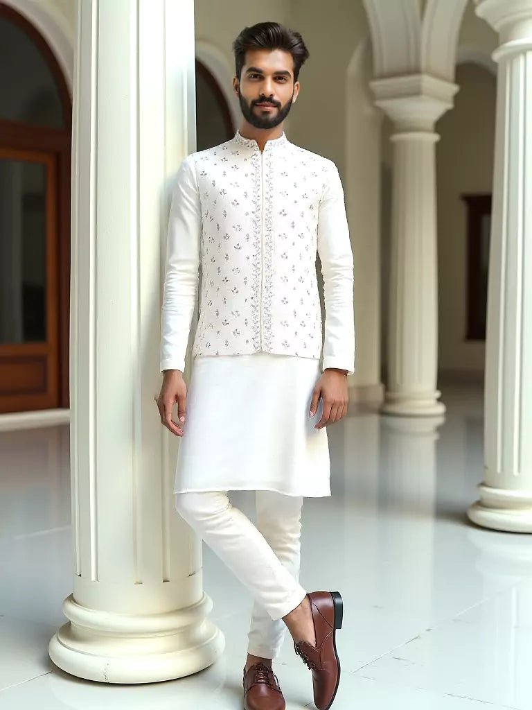 Image of Cream Floral Elegant Thread Embroidery Work Raw Silk Kurta Set - South India Shopping Mall