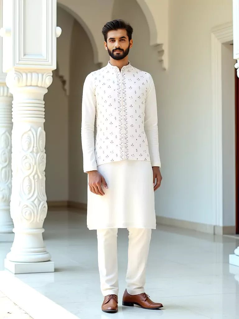 Image of Cream Floral Elegant Thread Embroidery Work Raw Silk Kurta Set - South India Shopping Mall