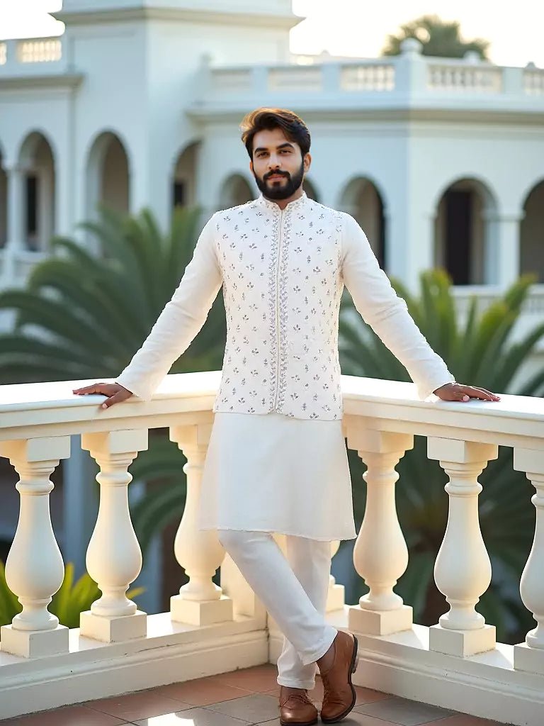 Image of Cream Floral Elegant Thread Embroidery Work Raw Silk Kurta Set - South India Shopping Mall