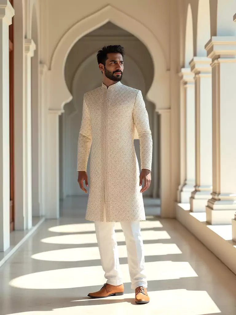 Image of Cream Floral Multi Thread Embroidery with Stones work Milky Silk Sherwani - South India Shopping Mall