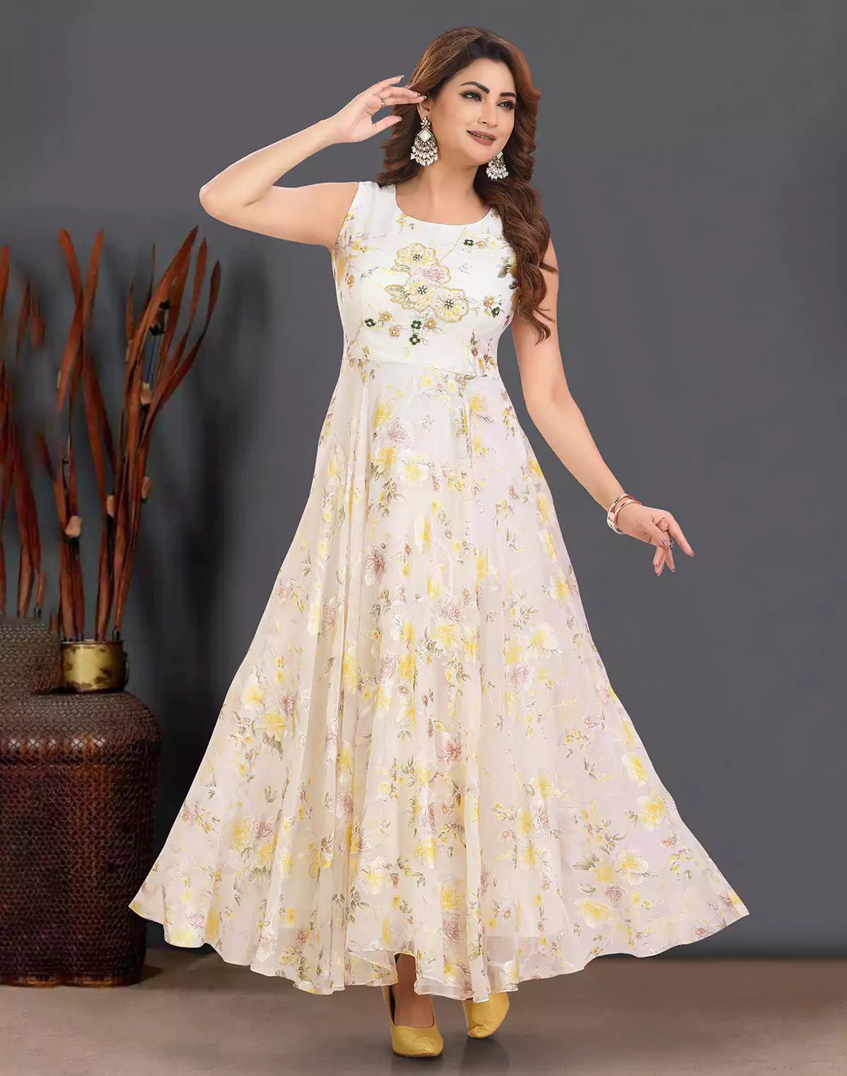 Image of Cream Floral Print Organza Fully Flared Kurti - South India Shopping Mall