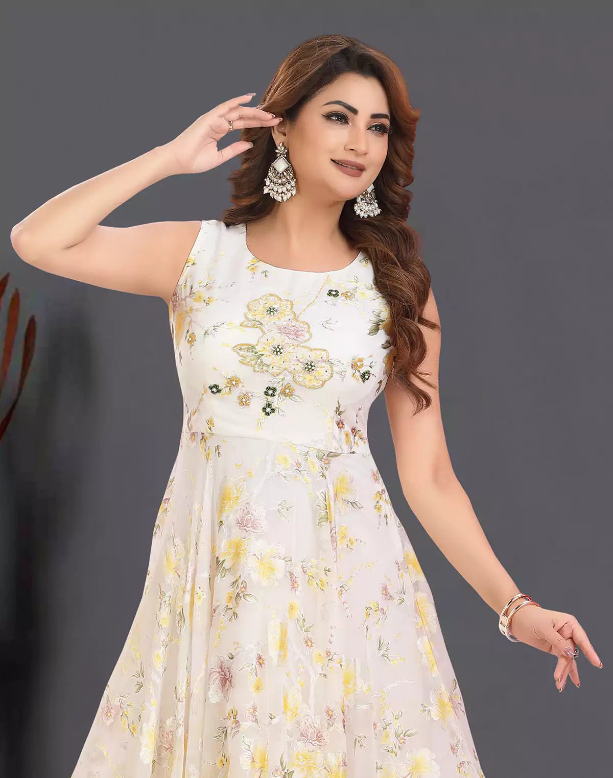 Image of Cream Floral Print Organza Fully Flared Kurti - South India Shopping Mall