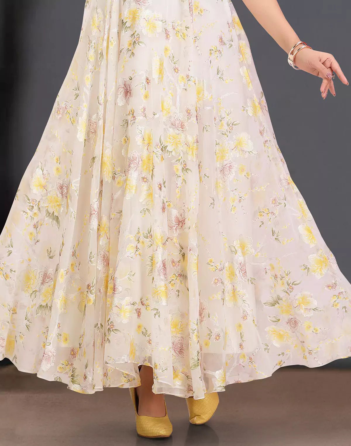 Cream Floral Print Organza Fully Flared Kurti - South India Shopping Mall