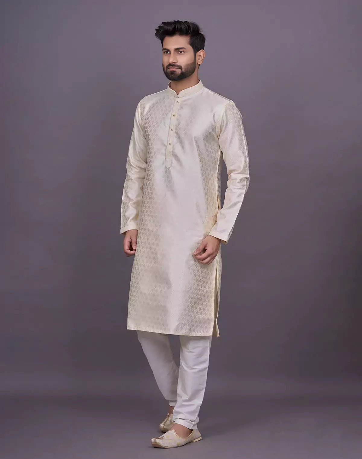 Image of Cream Floral Self Design Thread work Soft Silk Kurta Set - South India Shopping Mall