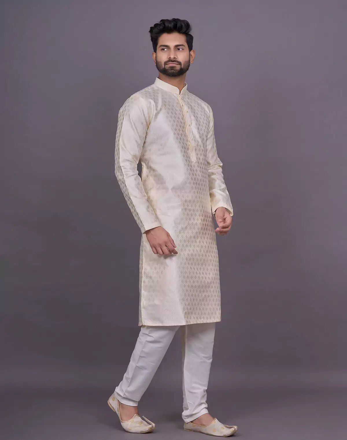 Image of Cream Floral Self Design Thread work Soft Silk Kurta Set - South India Shopping Mall