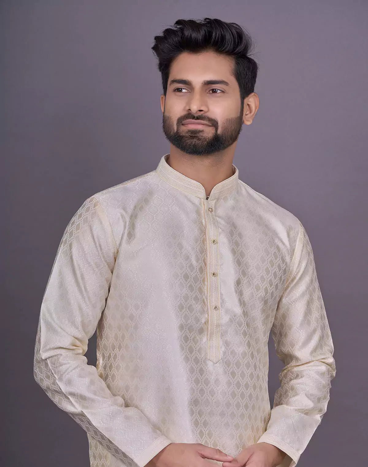 Image of Cream Floral Self Design Thread work Soft Silk Kurta Set - South India Shopping Mall