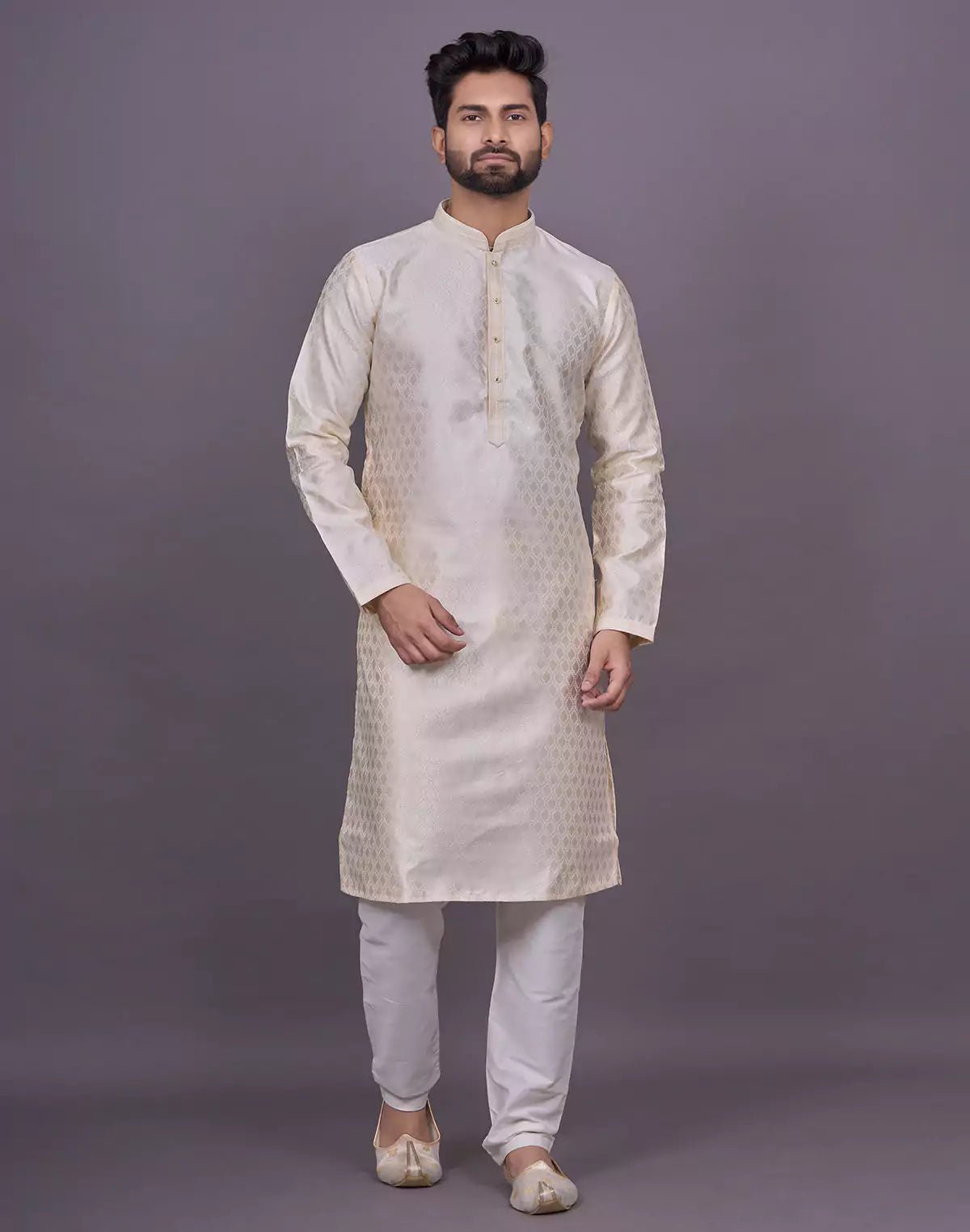 Image of Cream Floral Self Design Thread work Soft Silk Kurta Set - South India Shopping Mall