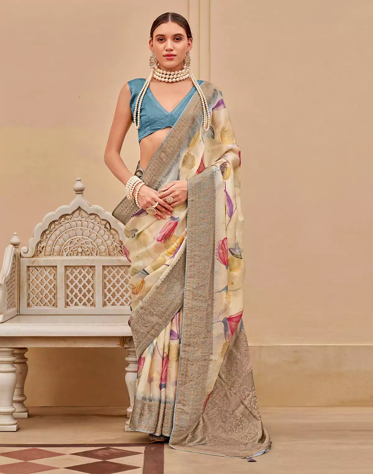 Image of Cream Graphic Print Art Silk Saree with Copper Zari Border - South India Shopping Mall