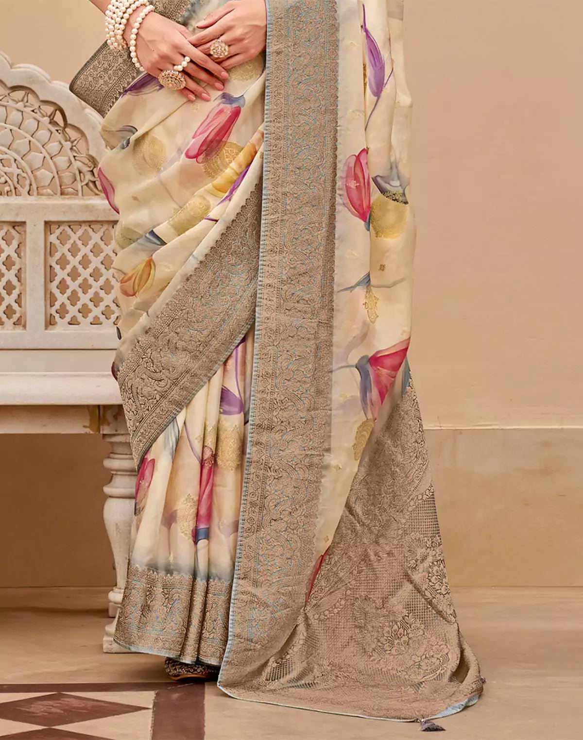 Image of Cream Graphic Print Art Silk Saree with Copper Zari Border - South India Shopping Mall