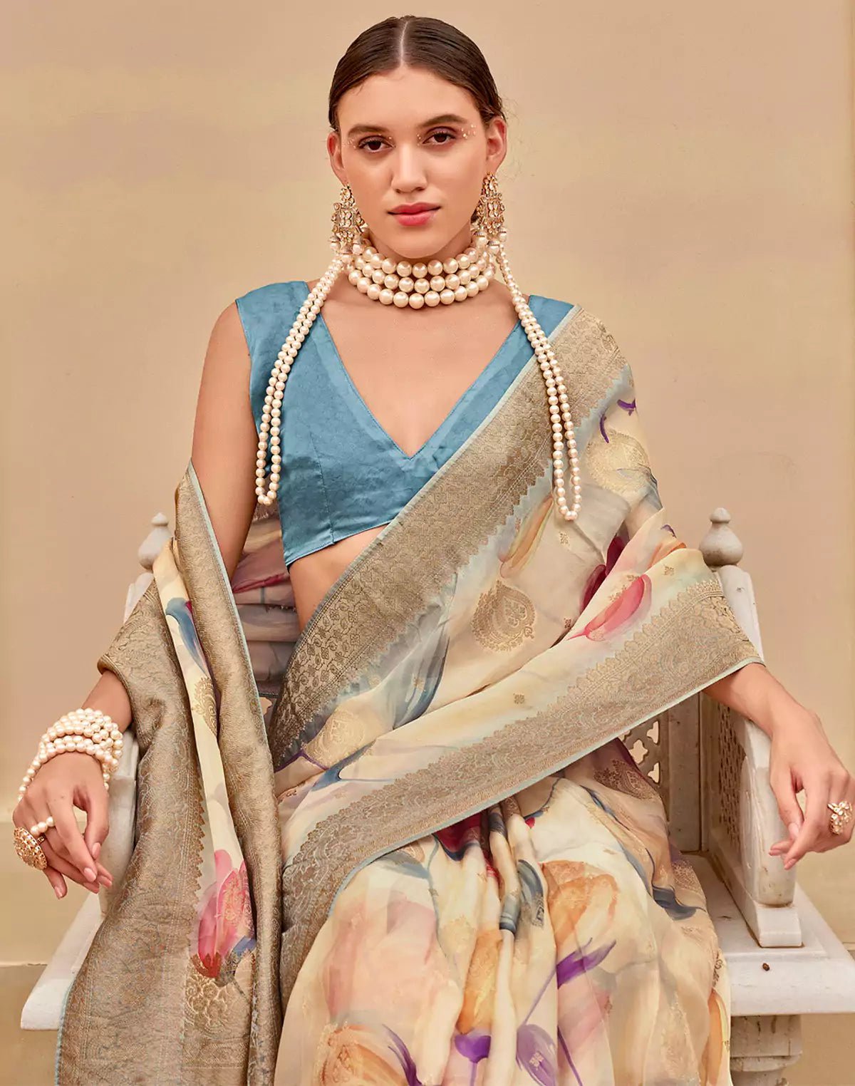 Image of Cream Graphic Print Art Silk Saree with Copper Zari Border - South India Shopping Mall
