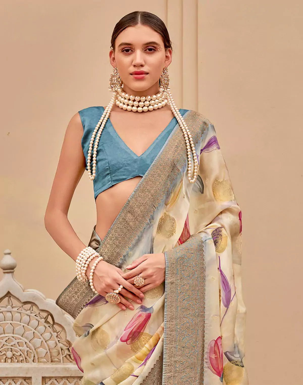 Image of Cream Graphic Print Art Silk Saree with Copper Zari Border - South India Shopping Mall