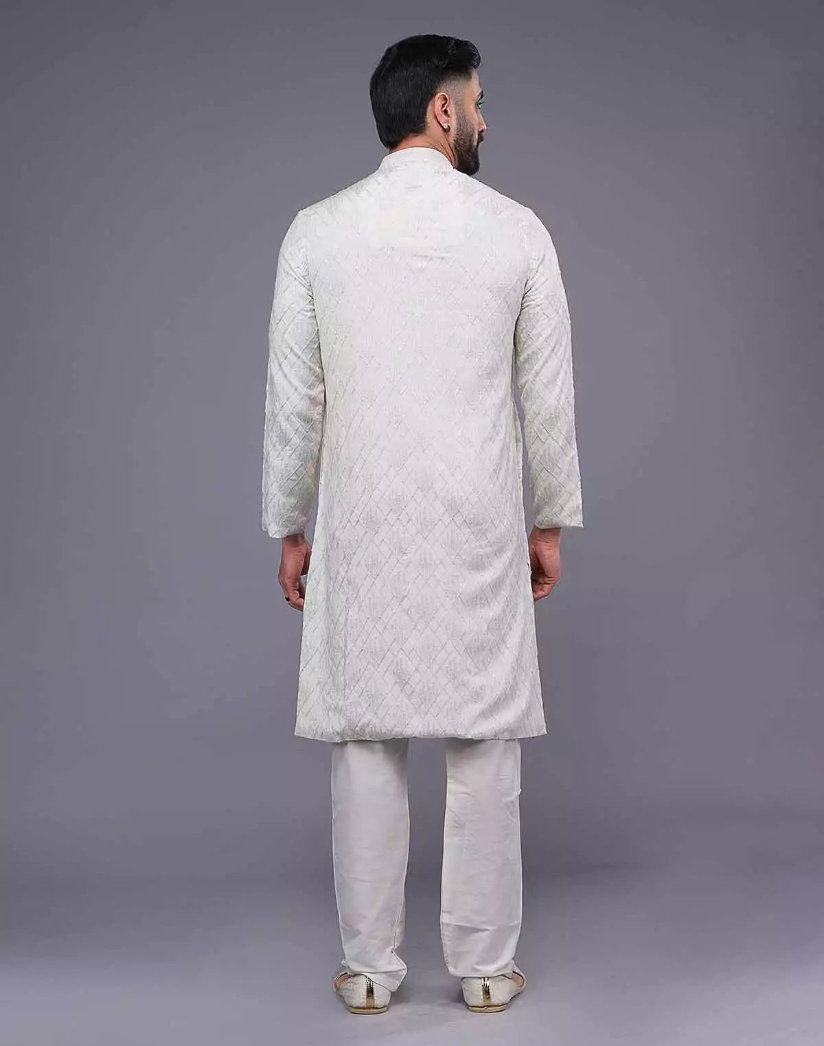 Image of Cream Imperial Patterned Thread Soft Silk Silk Kurta Pajama - South India Shopping Mall