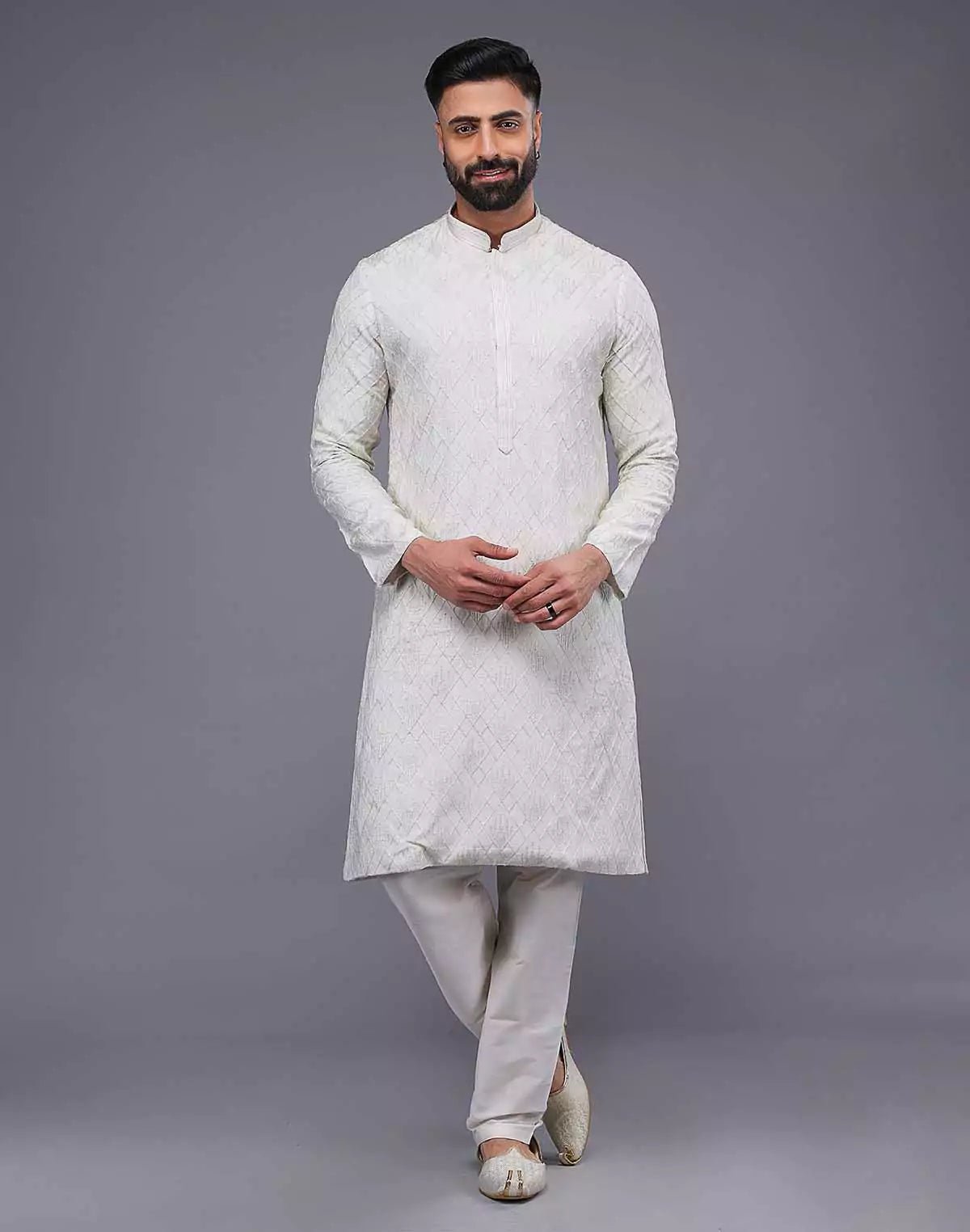 Image of Cream Imperial Patterned Thread Soft Silk Silk Kurta Pajama - South India Shopping Mall