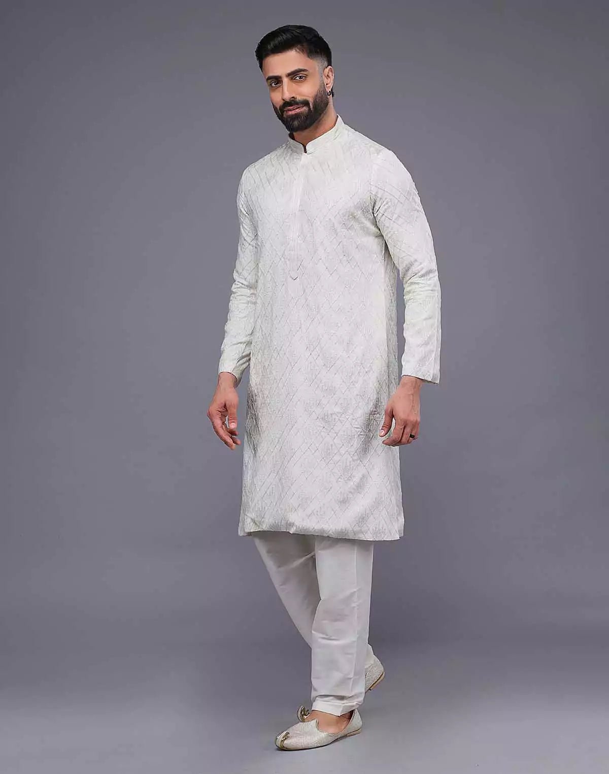 Image of Cream Imperial Patterned Thread Soft Silk Silk Kurta Pajama - South India Shopping Mall