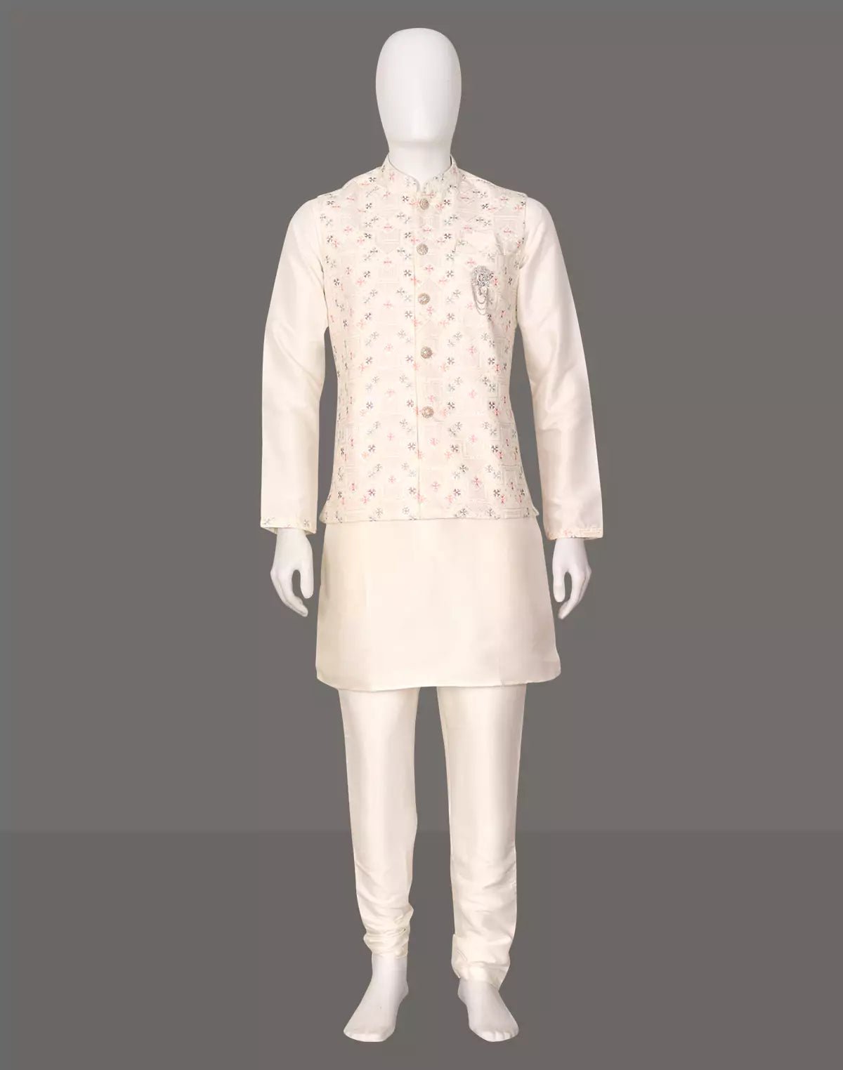 Image of Cream Jacquard Multi Thread Embroidery Kurta Jacket Set - South India Shopping Mall