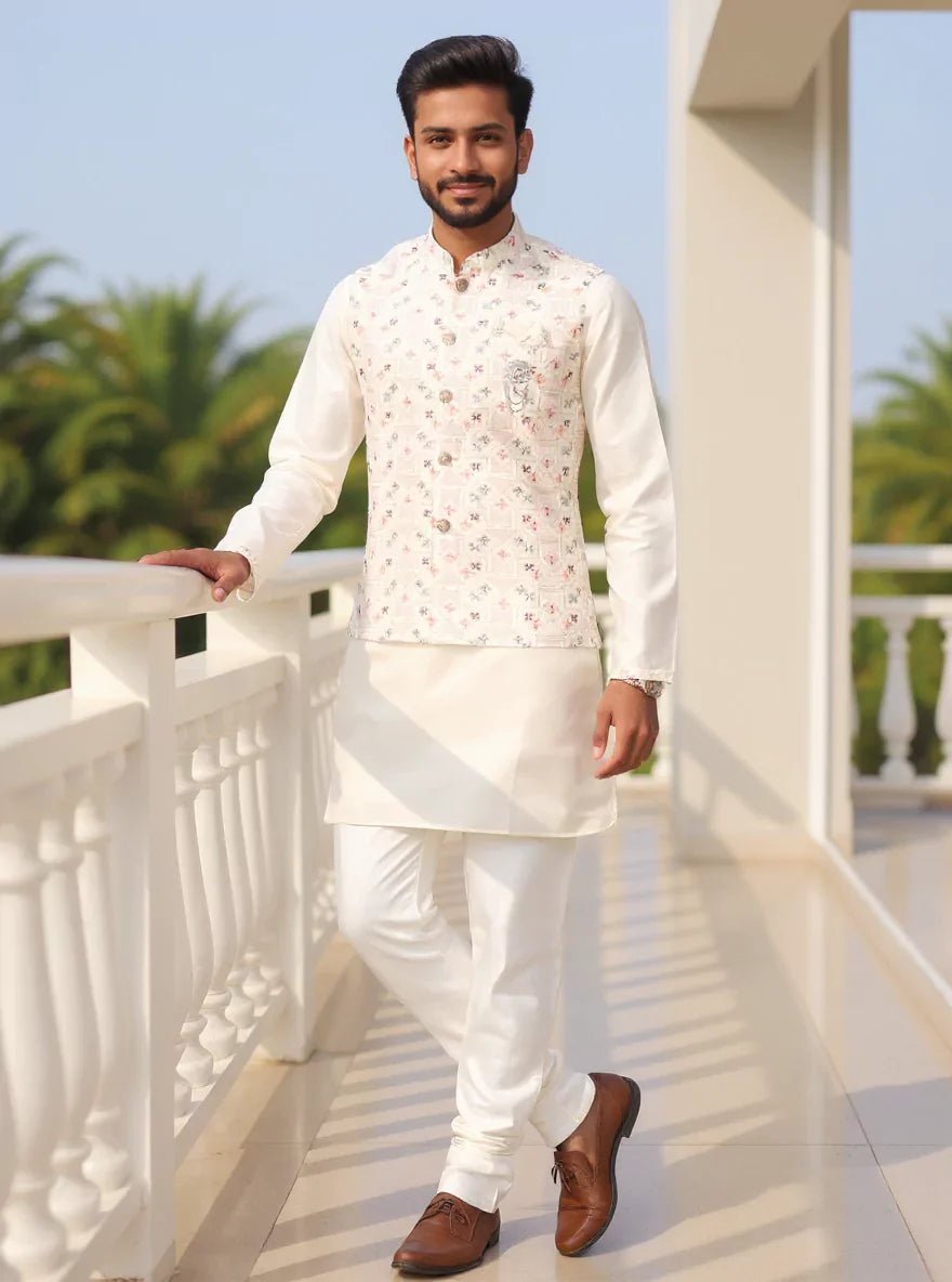 Image of Cream Jacquard Multi Thread Embroidery Kurta Jacket Set - South India Shopping Mall