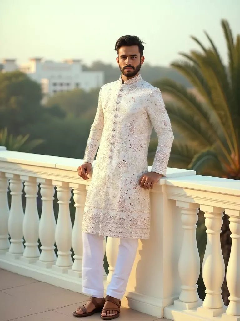 Image of Cream Multi Embroidery Cutdana work Birds and Animal Patterned Georgette Sherwani - South India Shopping Mall