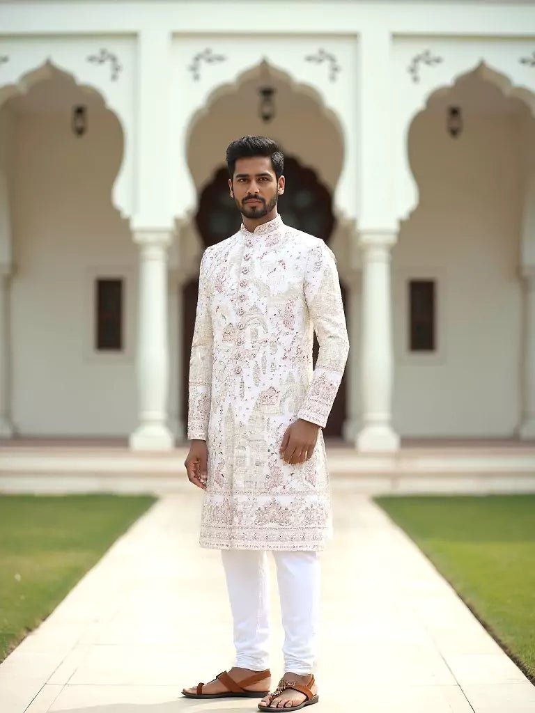 Image of Cream Multi Embroidery Cutdana work Birds and Animal Patterned Georgette Sherwani - South India Shopping Mall