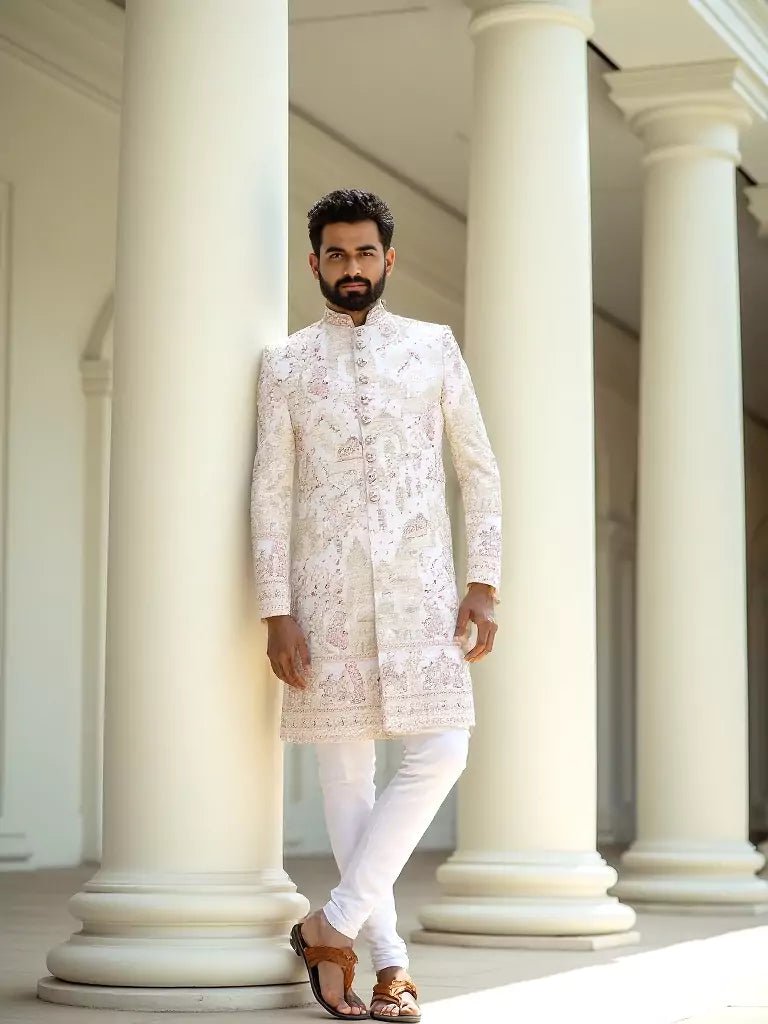 Image of Cream Multi Embroidery Cutdana work Birds and Animal Patterned Georgette Sherwani - South India Shopping Mall