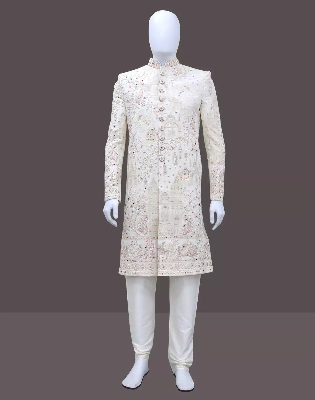 Image of Cream Multi Embroidery Cutdana work Birds and Animal Patterned Georgette Sherwani - South India Shopping Mall