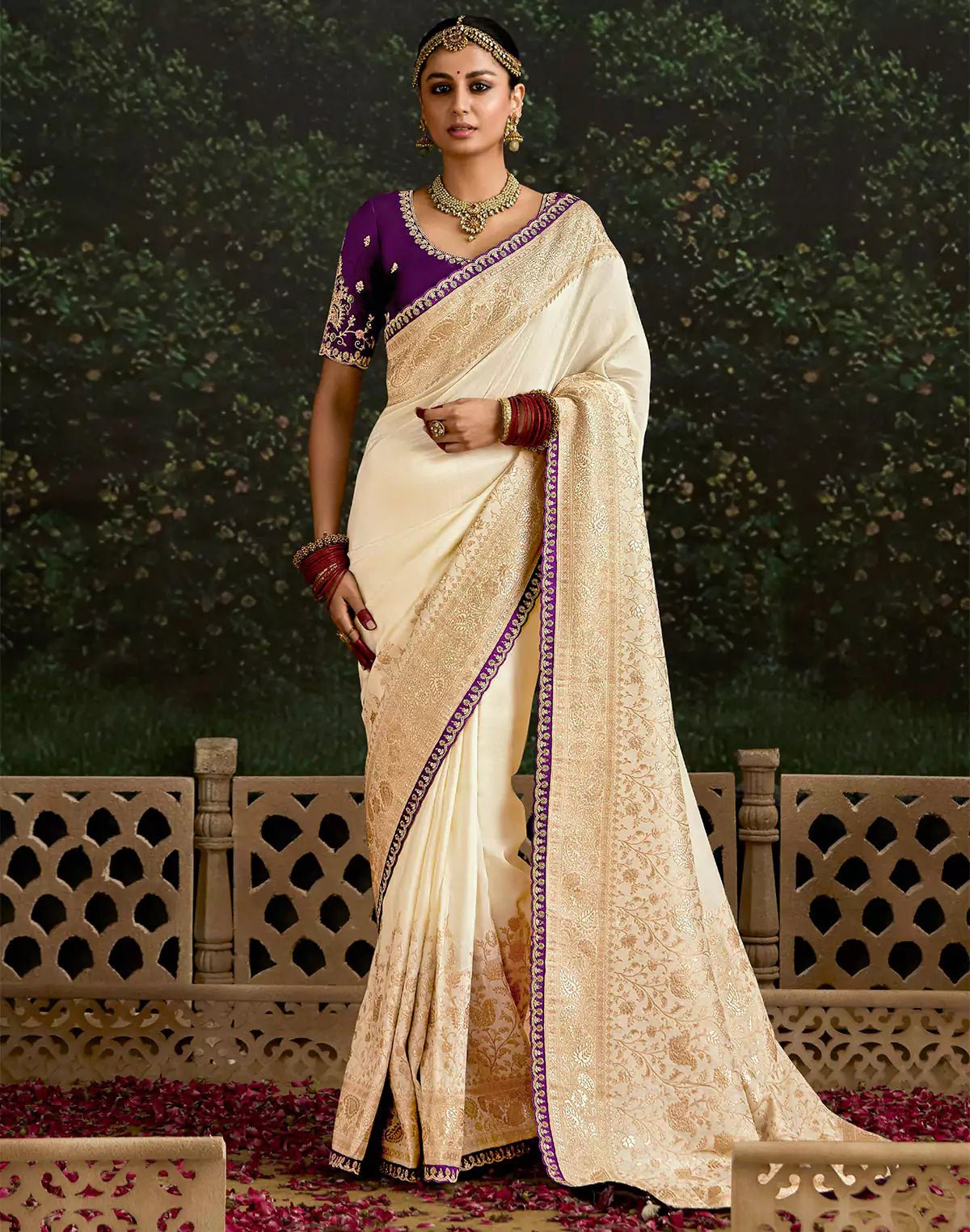 Image of Cream Pure Dola Silk With Fancy Lace Border and Embroidery Worked Blouse - South India Shopping Mall