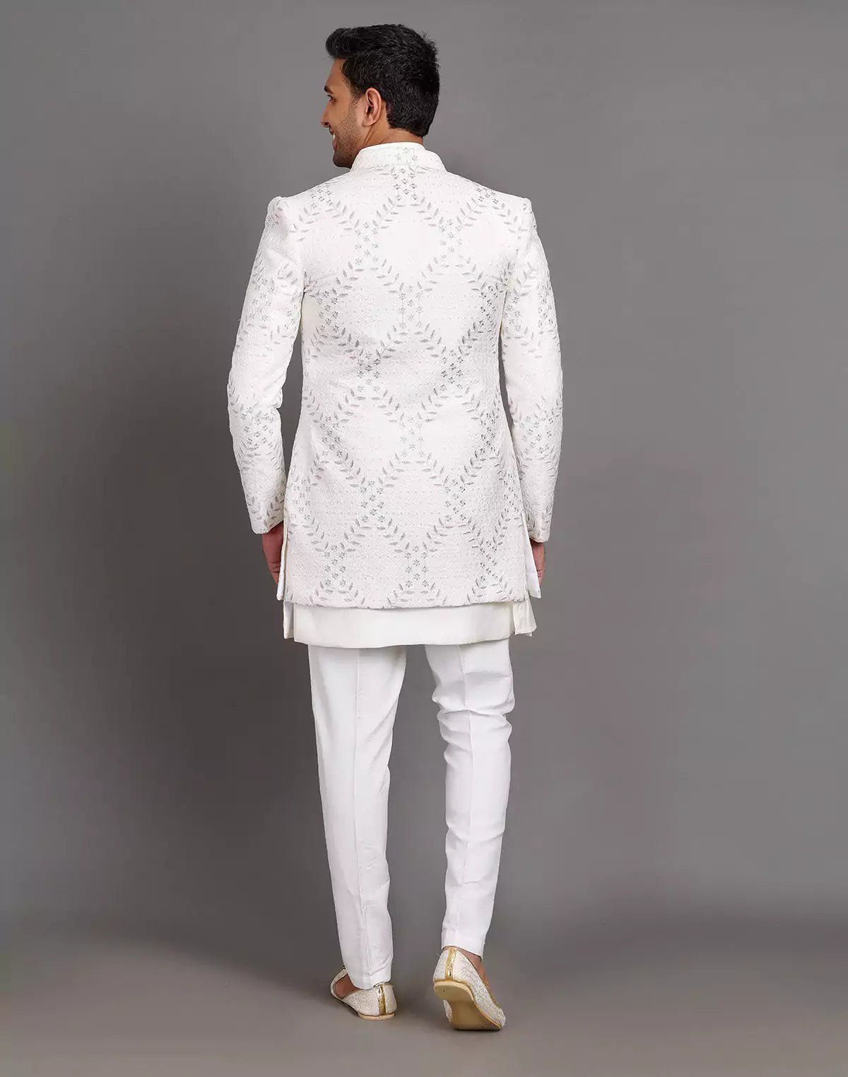 Image of Cream Raw Silk Floral Embroidery Work Indo - open Jacket Style - South India Shopping Mall