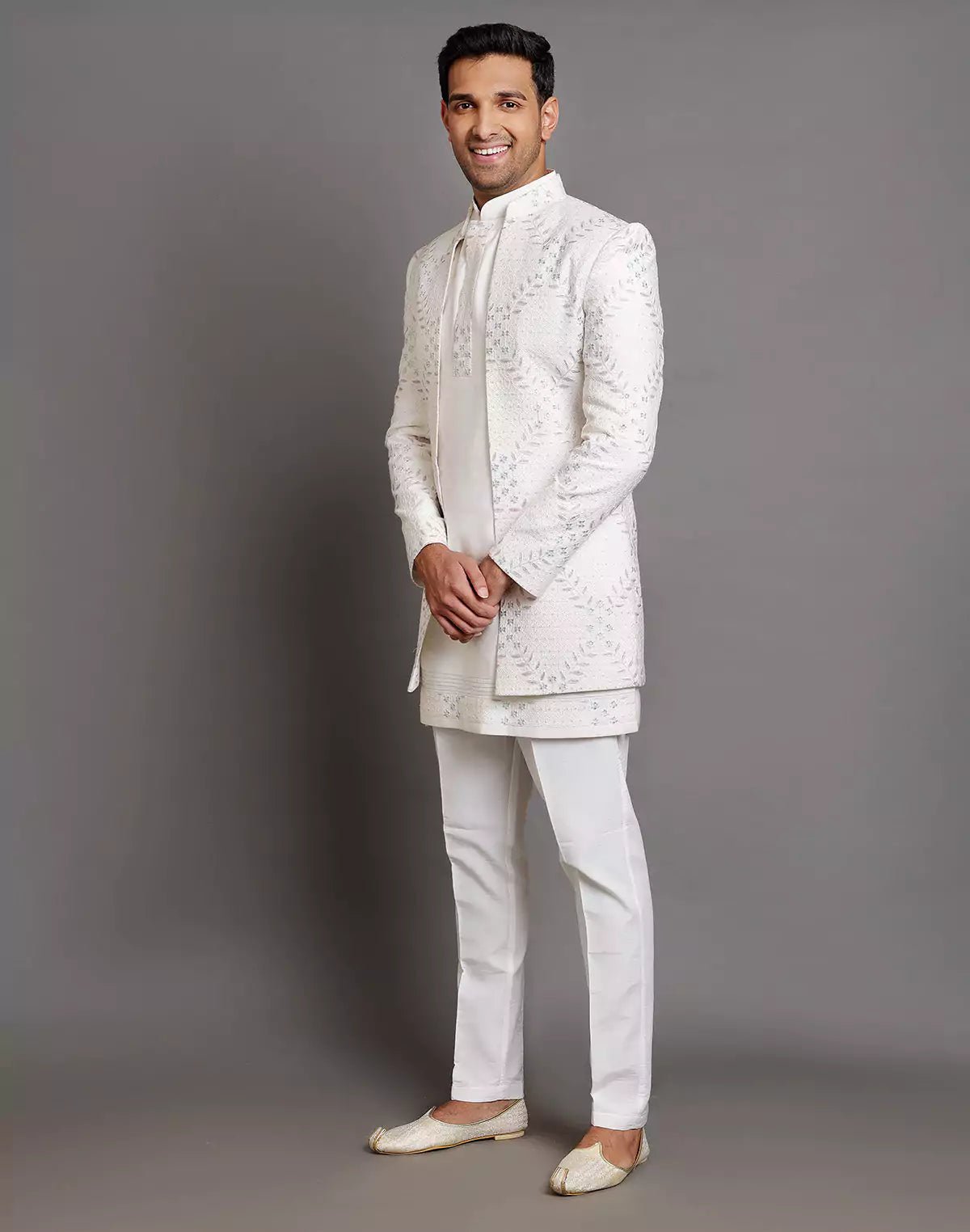 Image of Cream Raw Silk Floral Embroidery Work Indo - open Jacket Style - South India Shopping Mall