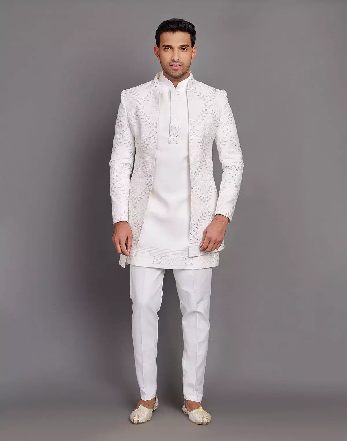 Image of Cream Raw Silk Floral Embroidery Work Indo - open Jacket Style - South India Shopping Mall