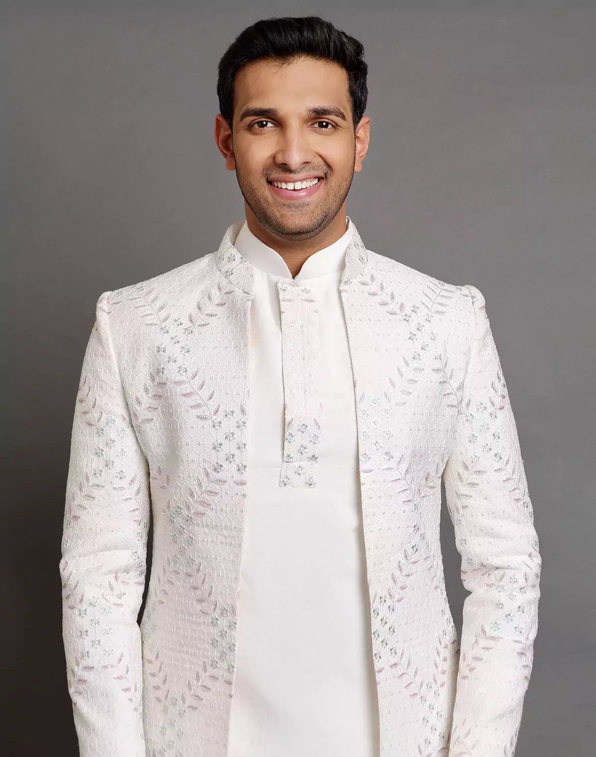 Image of Cream Raw Silk Floral Embroidery Work Indo - open Jacket Style - South India Shopping Mall