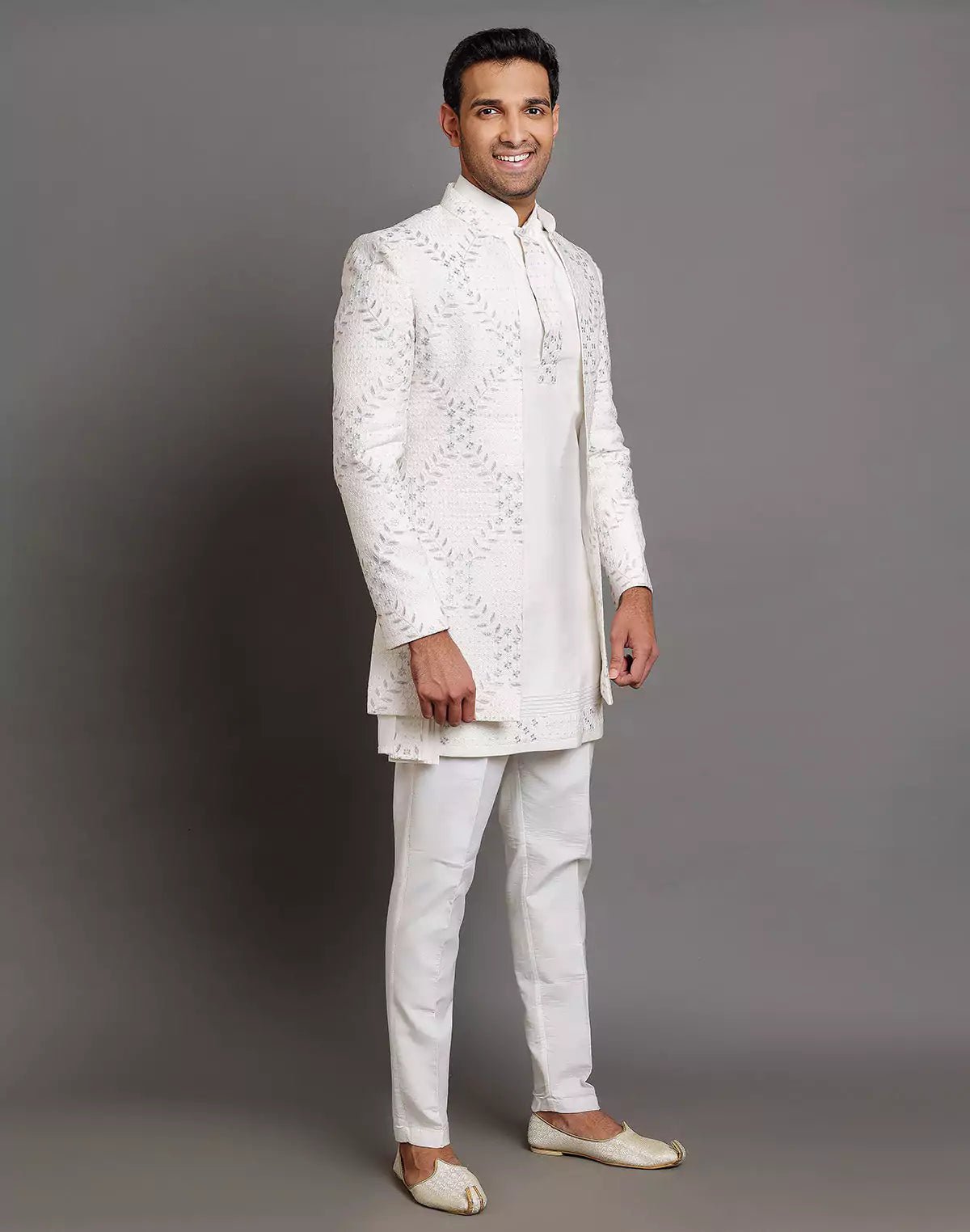 Image of Cream Raw Silk Floral Embroidery Work Indo - open Jacket Style - South India Shopping Mall