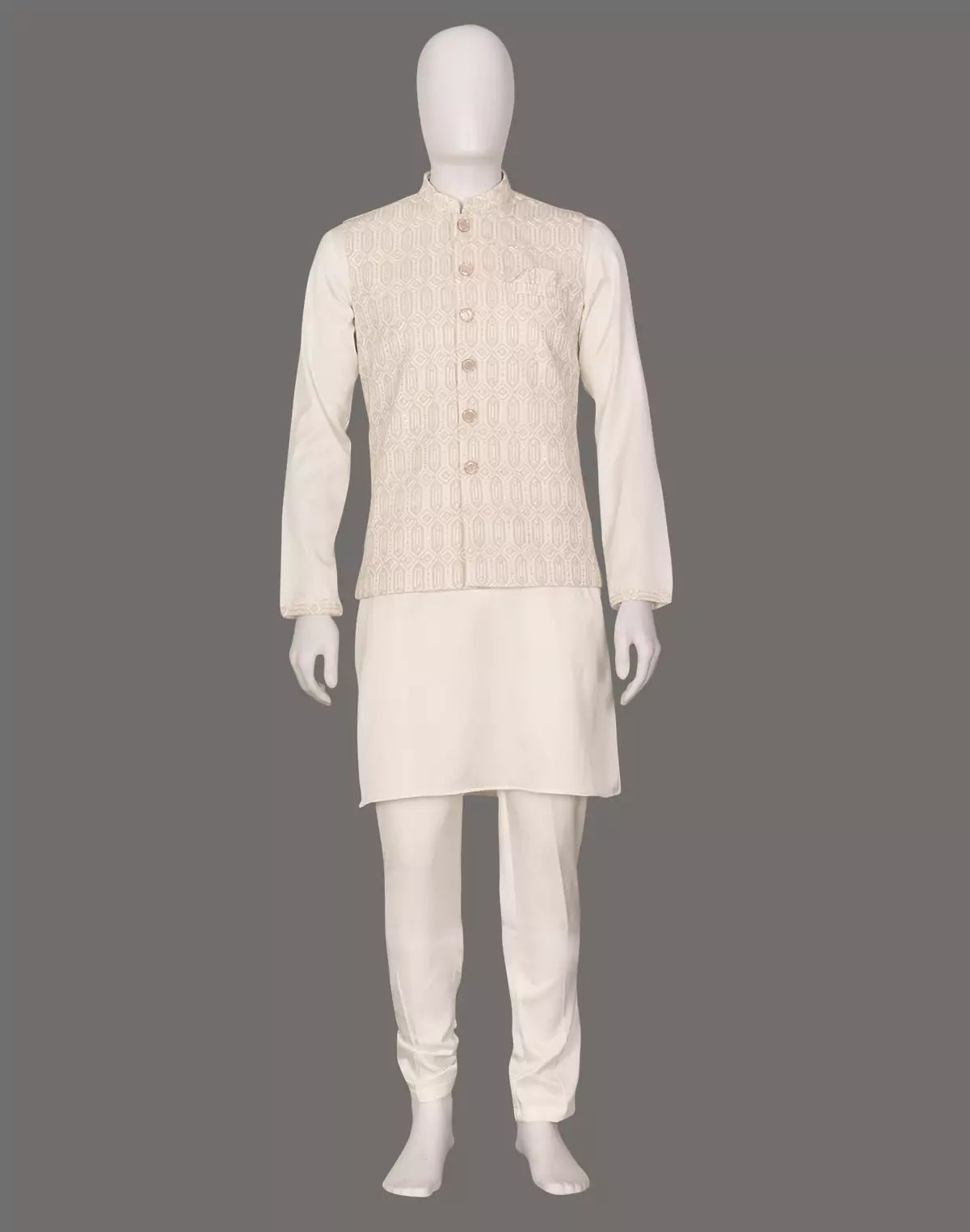Image of Cream Self Bel Buti Patterned Satin Kurta Jacket Set - South India Shopping Mall