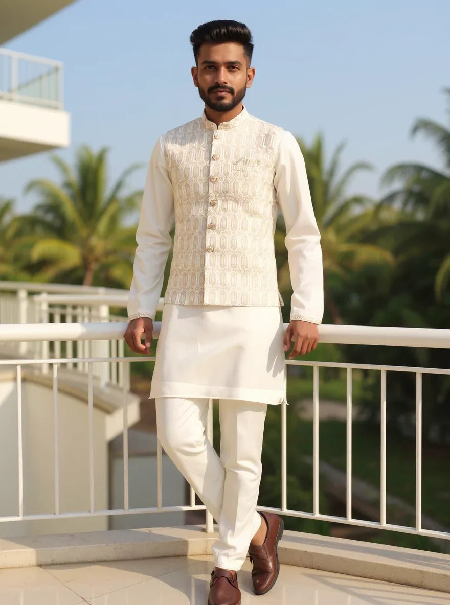 Image of Cream Self Bel Buti Patterned Satin Kurta Jacket Set - South India Shopping Mall