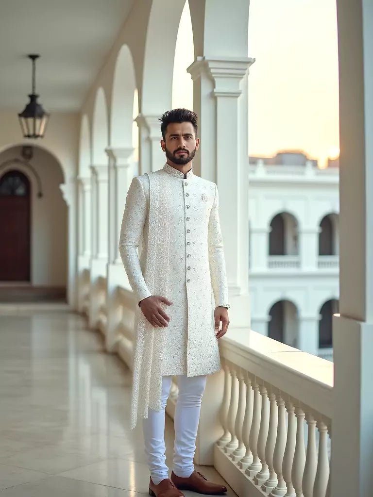 Image of Cream Self Patterned Thread Embellished work Georgette Sherwani with Dupatta - South India Shopping Mall