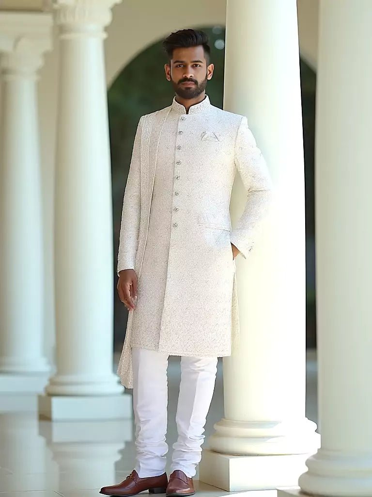 Image of Cream Self Patterned Thread Embellished work Georgette Sherwani with Dupatta - South India Shopping Mall