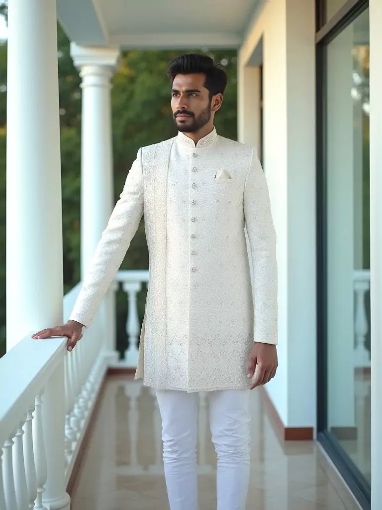 Image of Cream Self Patterned Thread Embellished work Georgette Sherwani with Dupatta - South India Shopping Mall