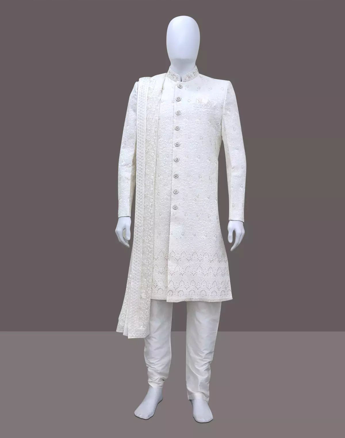 Image of Cream Self Patterned Thread Embellished work Georgette Sherwani with Dupatta - South India Shopping Mall