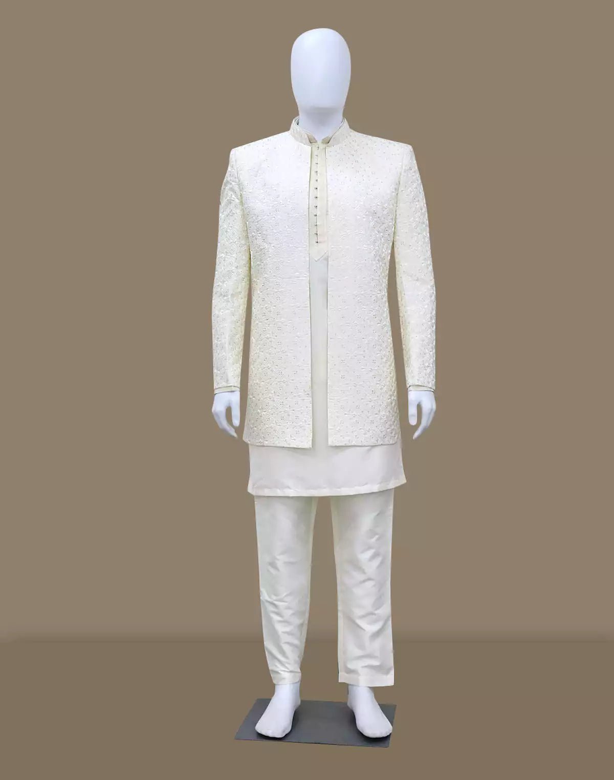 Image of Cream Self Patterned Thread with Embellished Milky Silk Indo - Open Jacket Set - South India Shopping Mall
