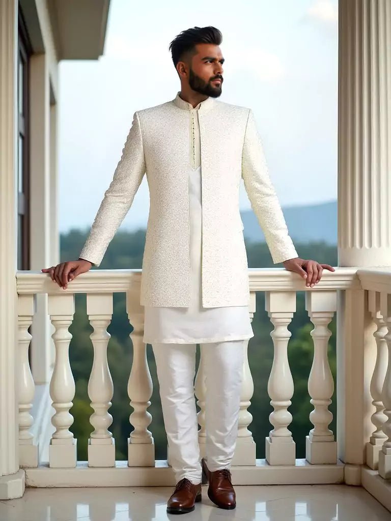 Image of Cream Self Patterned Thread with Embellished Milky Silk Indo - Open Jacket Set - South India Shopping Mall