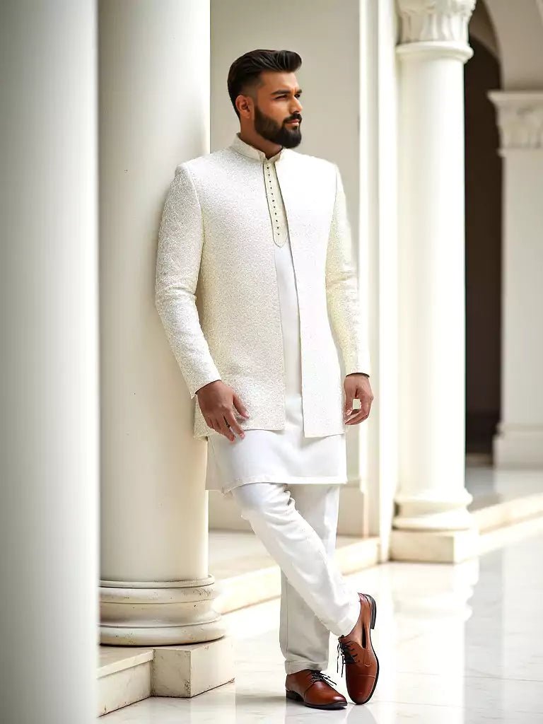 Image of Cream Self Patterned Thread with Embellished Milky Silk Indo - Open Jacket Set - South India Shopping Mall