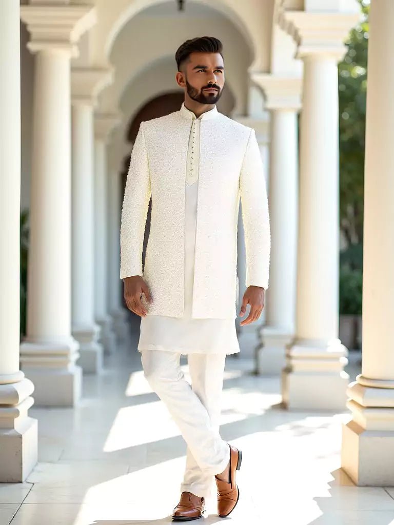 Image of Cream Self Patterned Thread with Embellished Milky Silk Indo - Open Jacket Set - South India Shopping Mall