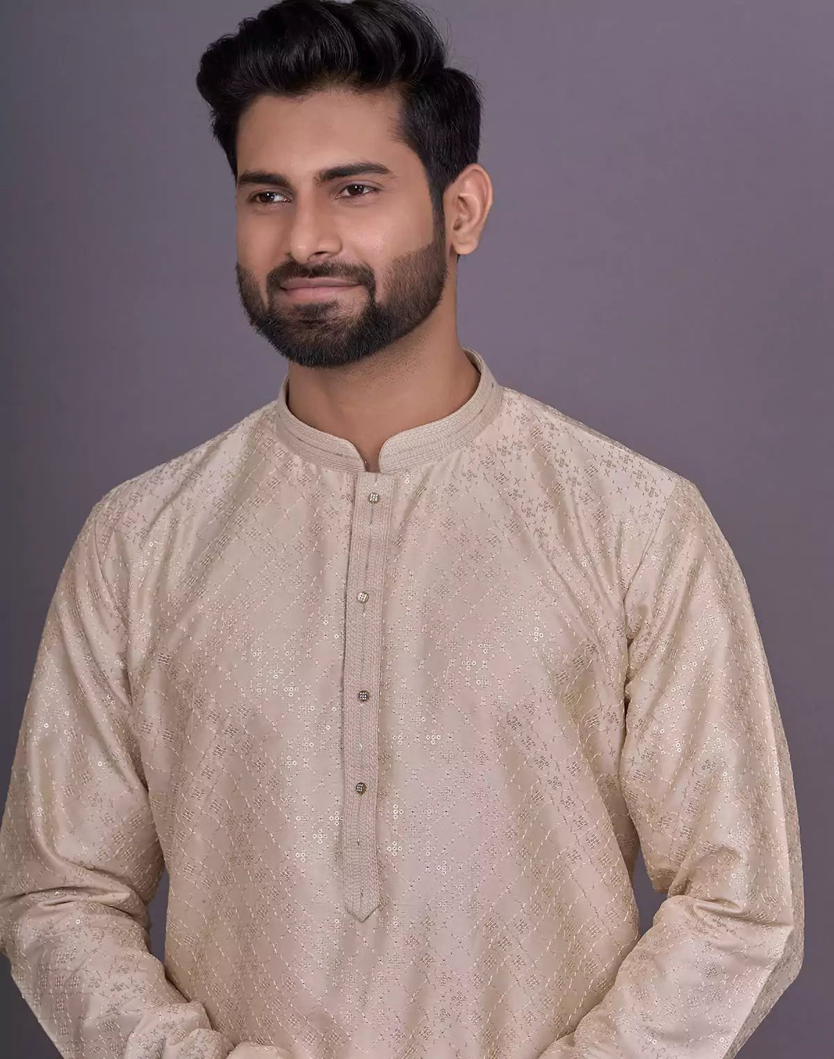 Image of Cream Self Thread with Embellished work Soft Silk Kurta Pyjama Set - South India Shopping Mall