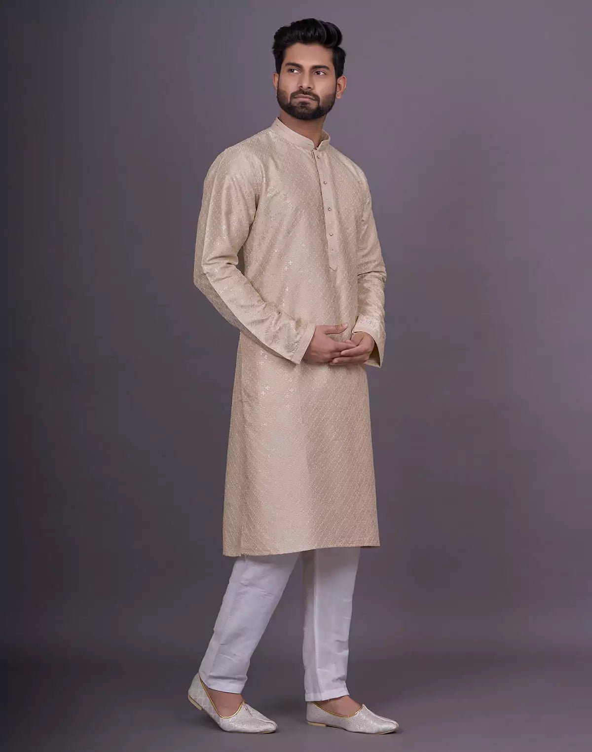 Image of Cream Self Thread with Embellished work Soft Silk Kurta Pyjama Set - South India Shopping Mall