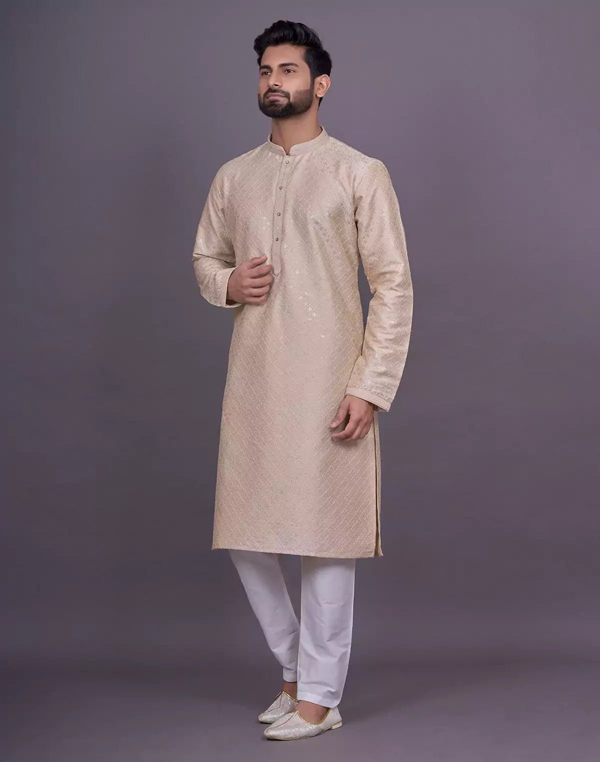 Image of Cream Self Thread with Embellished work Soft Silk Kurta Pyjama Set - South India Shopping Mall