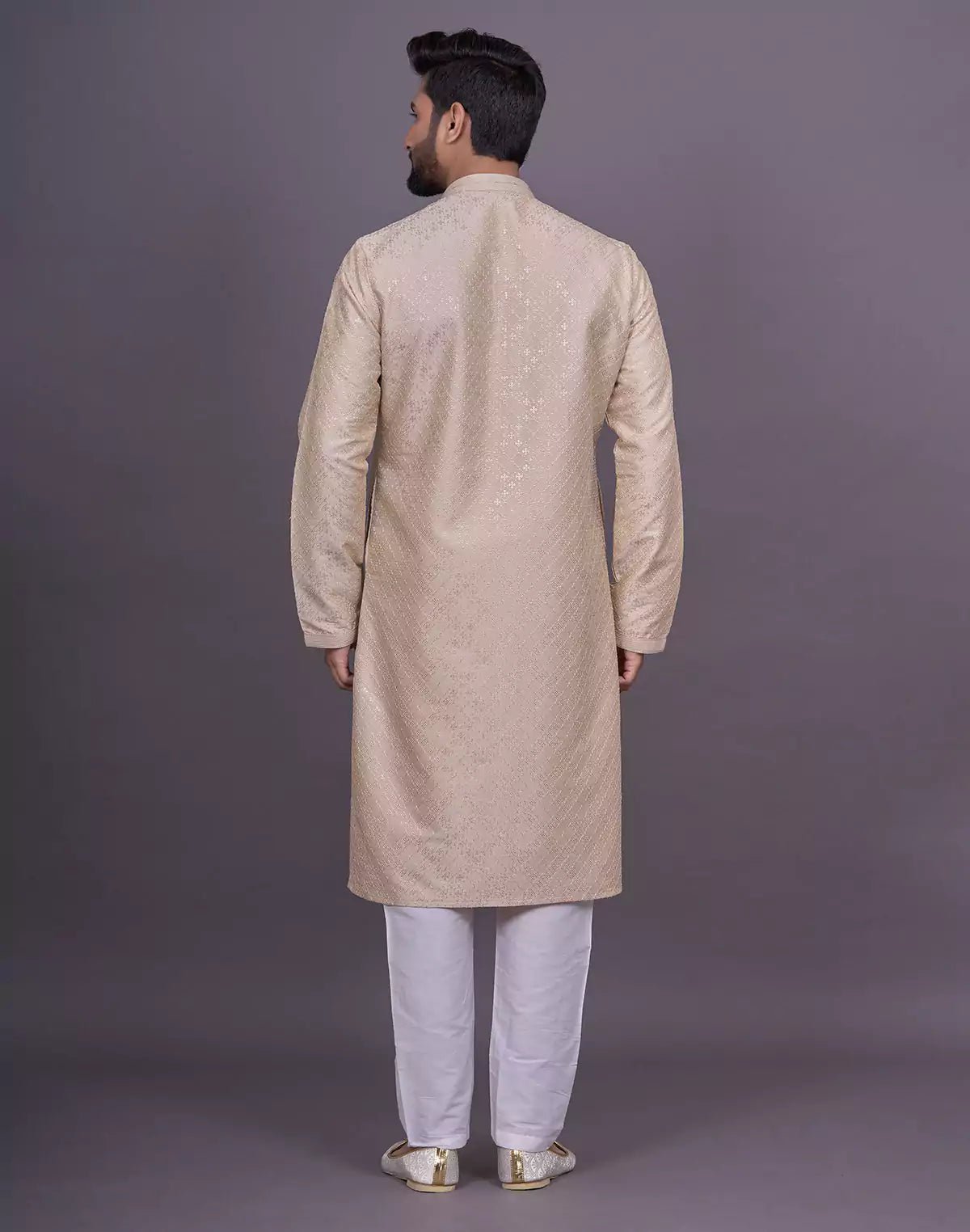 Image of Cream Self Thread with Embellished work Soft Silk Kurta Pyjama Set - South India Shopping Mall