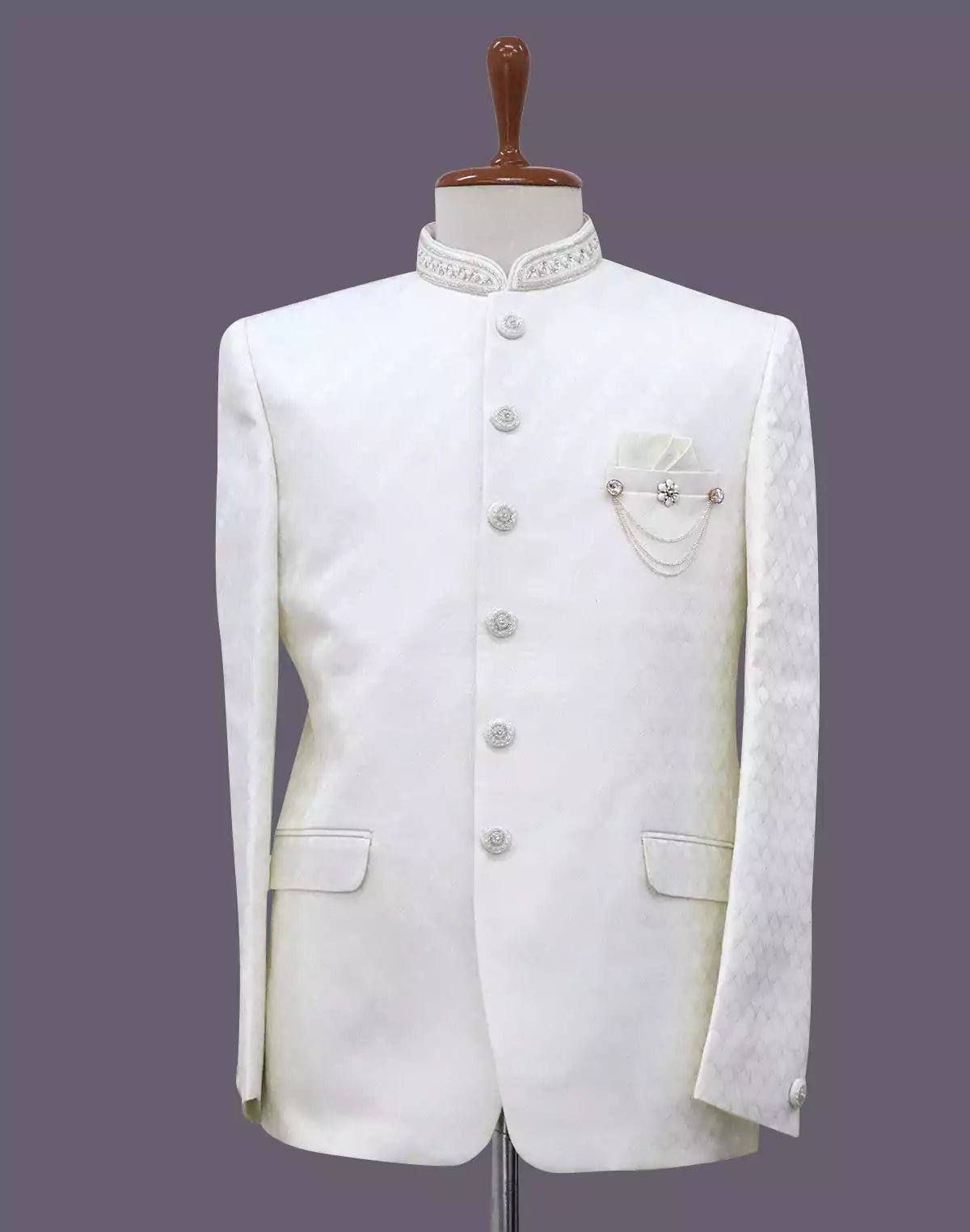 Image of Cream Self Weaving Patterned Jacquard Bandhgala Suit - South India Shopping Mall