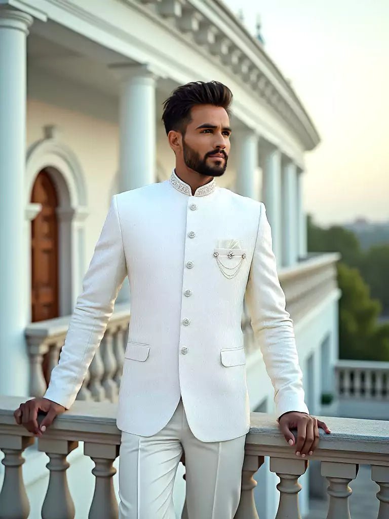 Cream Self Weaving Patterned Jacquard Bandhgala Suit - South India Shopping Mall