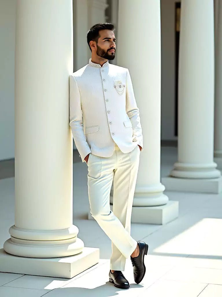 Cream Self Weaving Patterned Jacquard Bandhgala Suit - South India Shopping Mall