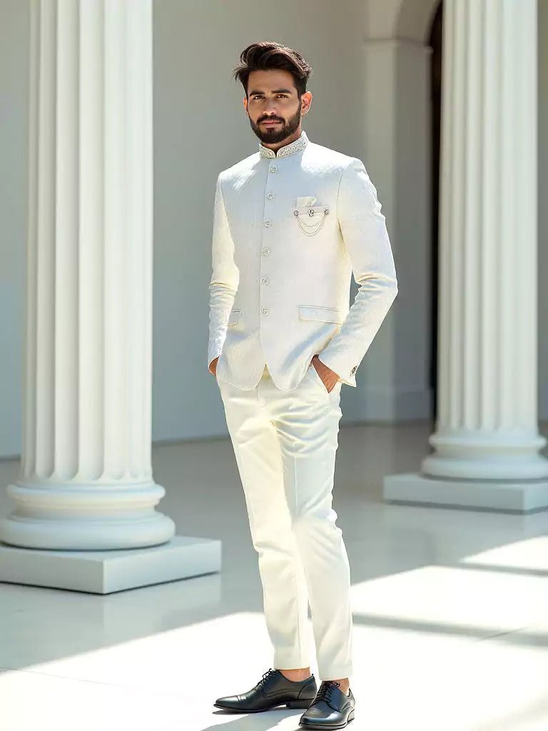 Cream Self Weaving Patterned Jacquard Bandhgala Suit - South India Shopping Mall